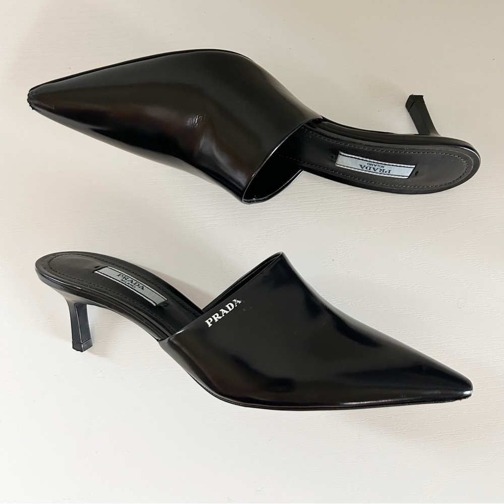 Prada Black Leather Pointed Toe Kitten Heel Mules Size EU 36.5 - Picture 6 of 12